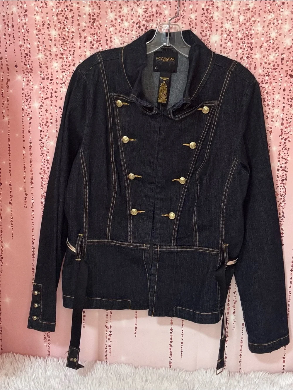 Rocawear Dark Blue Denim Military-Style Jacket with Gold Buttons - Picture 5 of 10